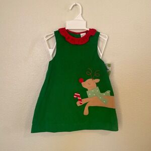 Baby Girls Green Corduroy Reindeer Candy Cane Holiday Dress Bloomer Set 12 Month